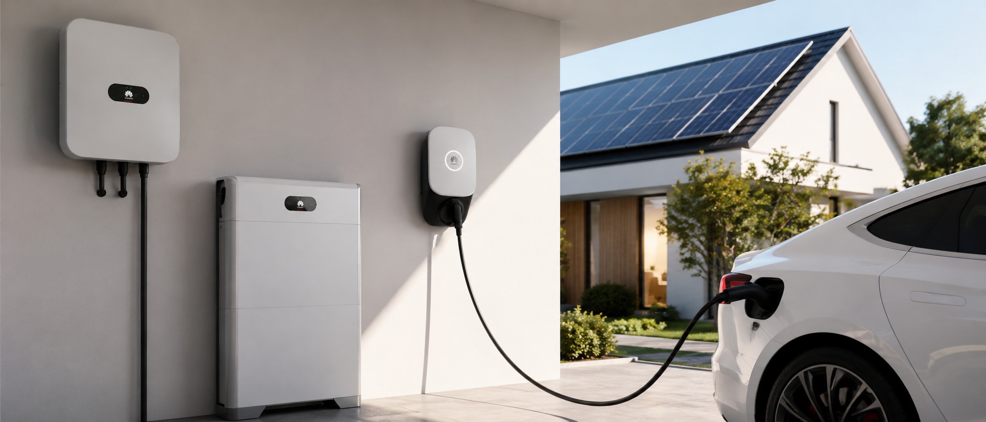 Photovoltaik-Energiesystem mit Huawei Wechselrichter, Huawei Speicher und Huawei Wallbox am Elektrofahrzeug